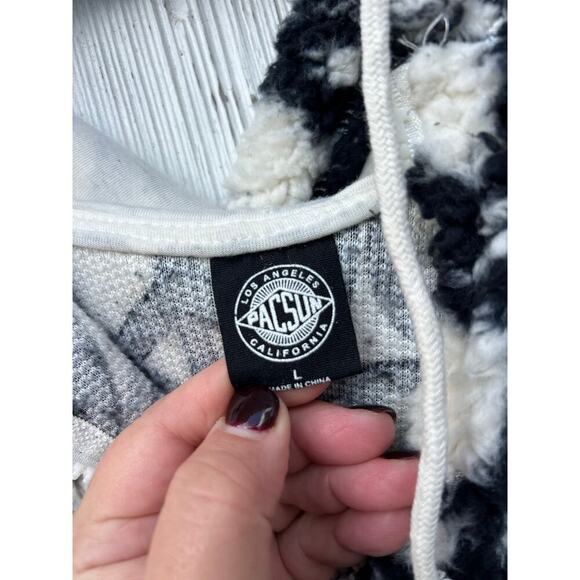 Pacsun Peace Sign Sherpa Hoodie Black White‎ Cozy Warm Zip Up Jacket Size L - Picture 6 of 8
